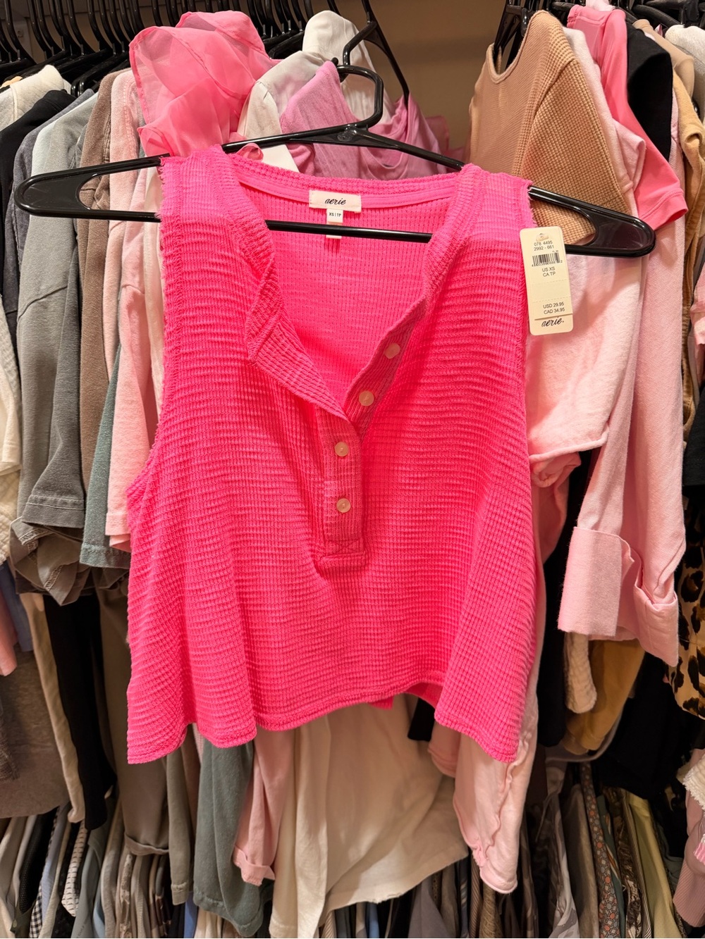 AERIE Pink Waffle Knit Button Tank Top
